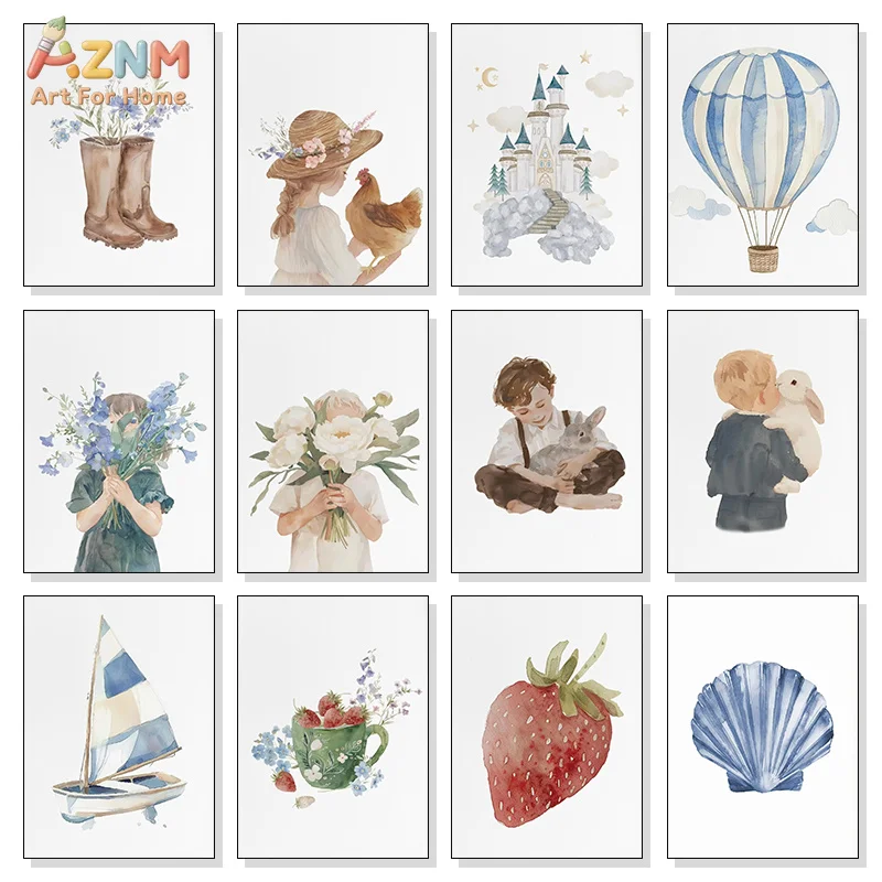 AZNM Watercolor Kids Farm Animal Floral Canvas Wall Art Hot Air Balloon Castle Sailboat Nursery Decor Poster Unframed