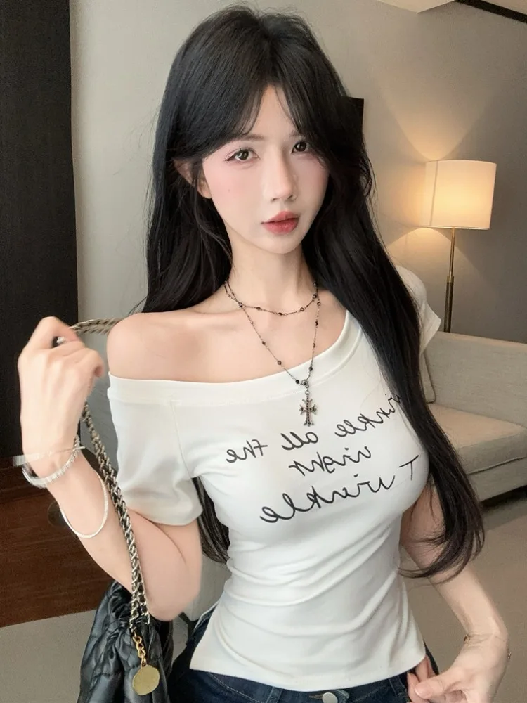

Slim Fit Short Sleeve T-Shirt Women's Summer New Side Slit Printed Shoulder Design Trendy Girl Style Citywalk Casual Inner Wear