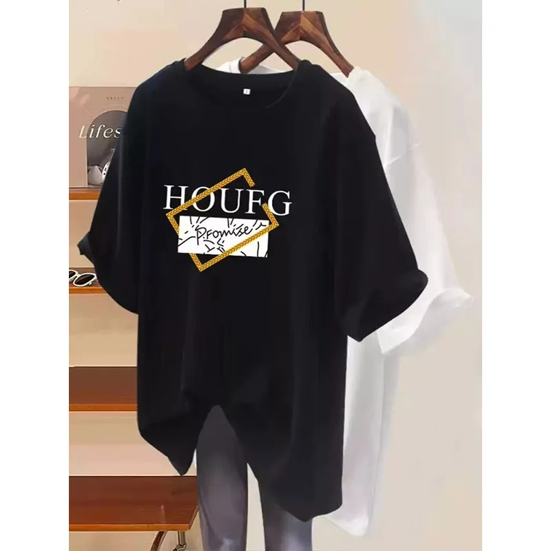 Women Clothing Letter Printing Pure Cotton Basic T-shirts Summer Fashion Casual O-neck Short Sleeve Top Tee Y2k Loose Pullovers