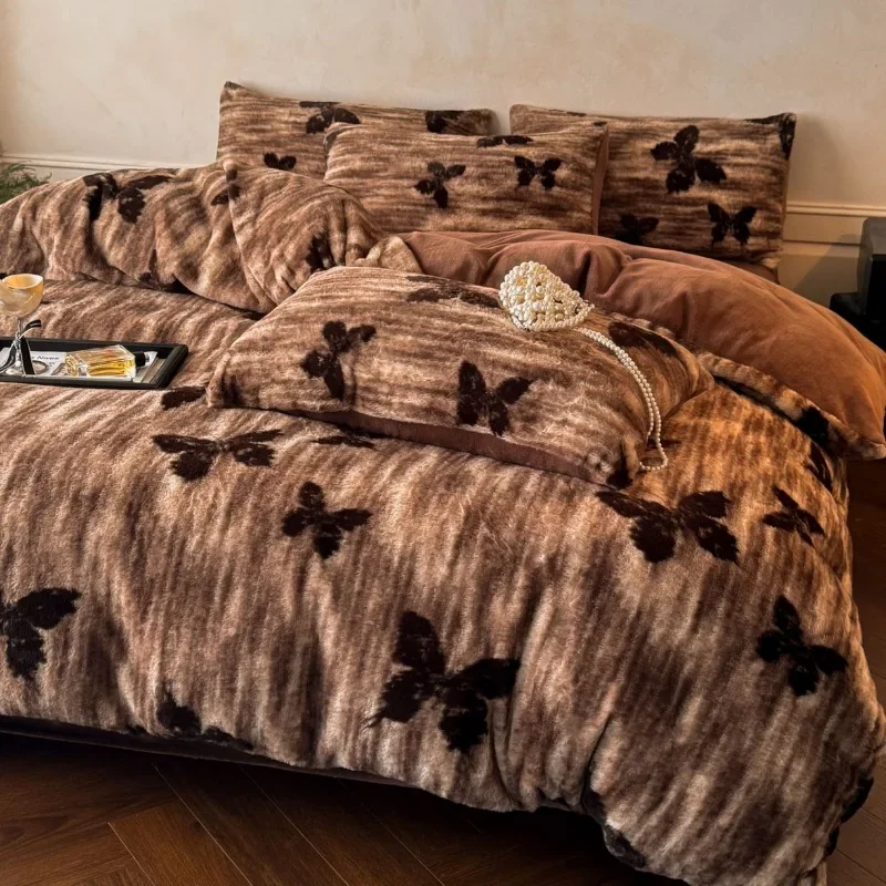 Thickened imitation rabbit hair carved milk fleece four-piece set winter coffee color warm fleece quilt set