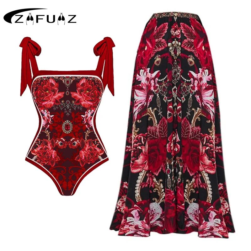 

ZAFUAZ 2024 Fashion Red Retro Printed One Piece Woman Swimsuits High Waisted Lace Up Bikini Swimsuit with Cover Up Beach Skirt