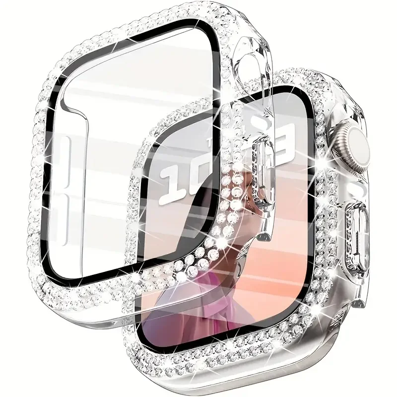 Diamond Case For Apple watch Cover 45mm 41mm 44mm 40mm Tempered Glass+Bling Bumper Screen Protector iWatch series 9 8 7 6 5 4 SE
