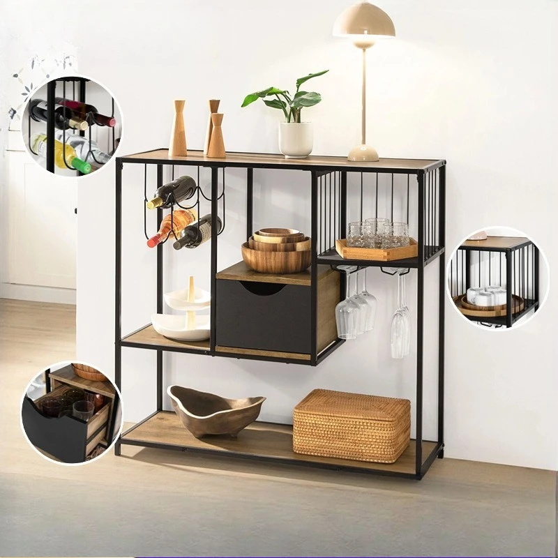 Kitchen rack steel and wood combined with non-punching storage floor multi-layer multi-functional rack kitchen