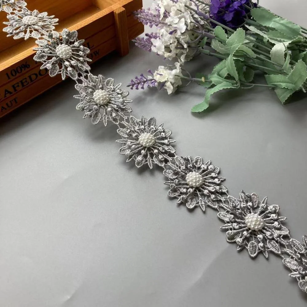 

91cm 3D Pearl Beaded Flower Embroidered Lace Trim Ribbon Floral Applique Patches Dress Fabric Sewing Craft Vintage 5 X 5 cm