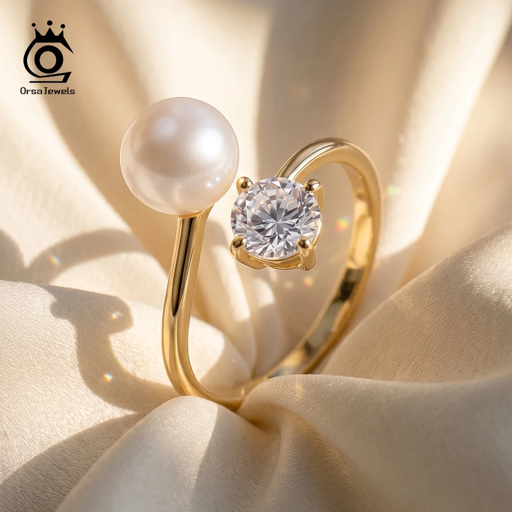 ORSA JEWELS 925 Silber Muschelperlenring für Damen, glänzender, funkelnder Zirkonia-Muschelperlen-Minimalschmuck PSR01