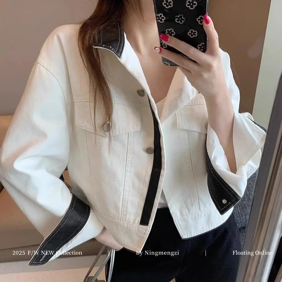 

American retro Contrasting color stand-up collar denim jacket women's autumn loose casual versatile temperament jacket top white