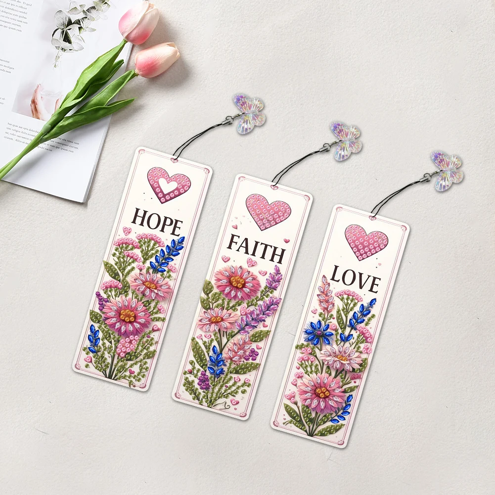 

3Pcs Special Shaped Flowers Plants Diamond Bookmark Art Project DIY Diamond Bookmark with Crystal Pendant for Home Office