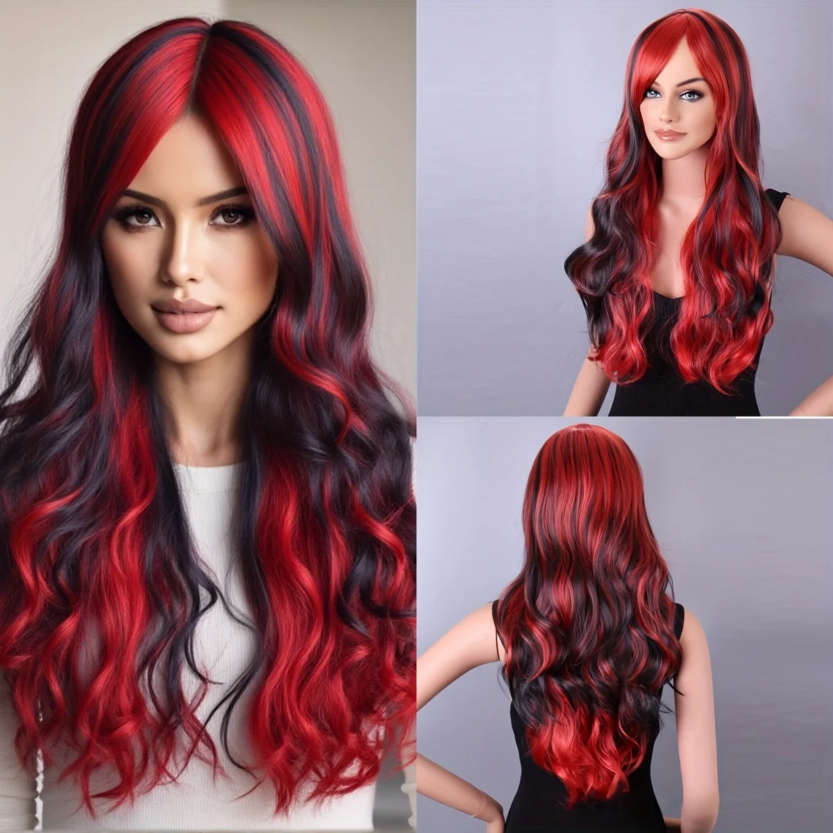 

Синтетический парик с градиентной окраской красного и черного цветов, 26 дюймов, подходит для вечеринок, стилизации на День святого Валентина или Хэллоуин.