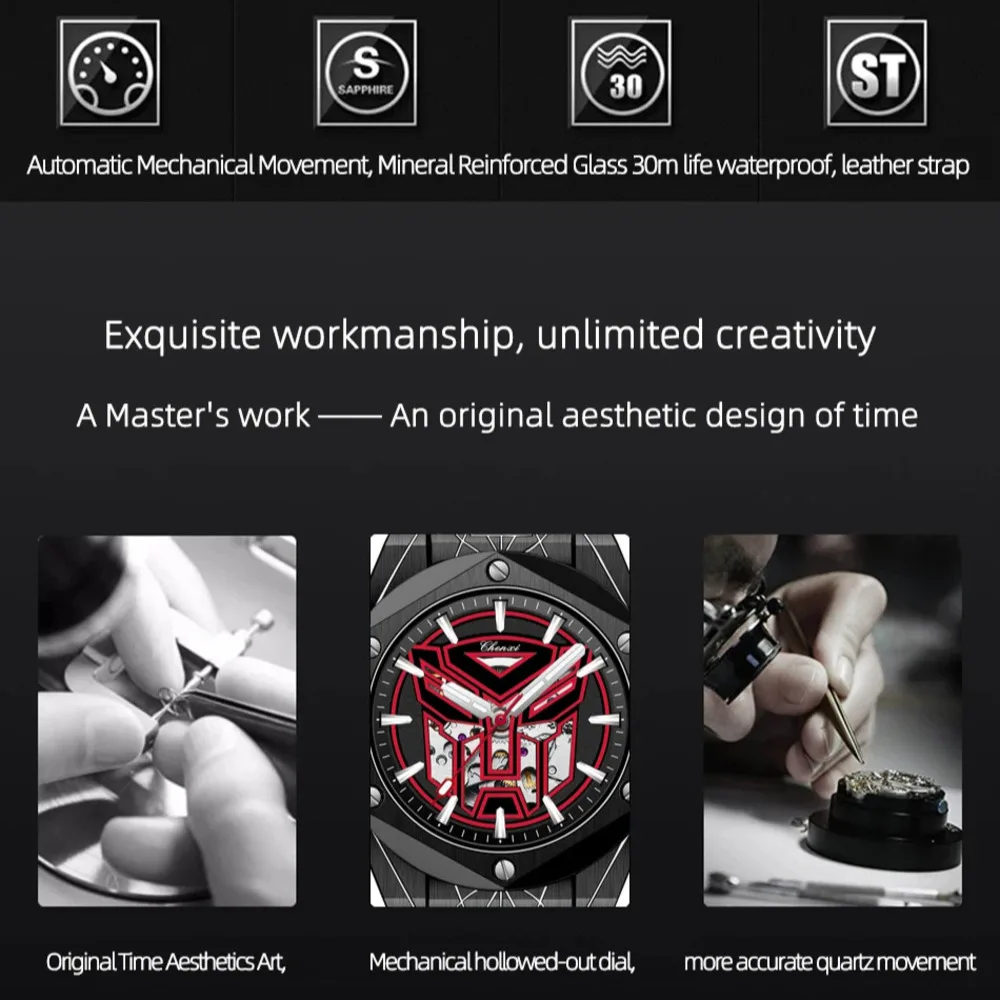 CHENXI Brand Men\'s Watches Tourbillon Waterproof Silicone Strap Top Automatic Mechanical Watch for Men