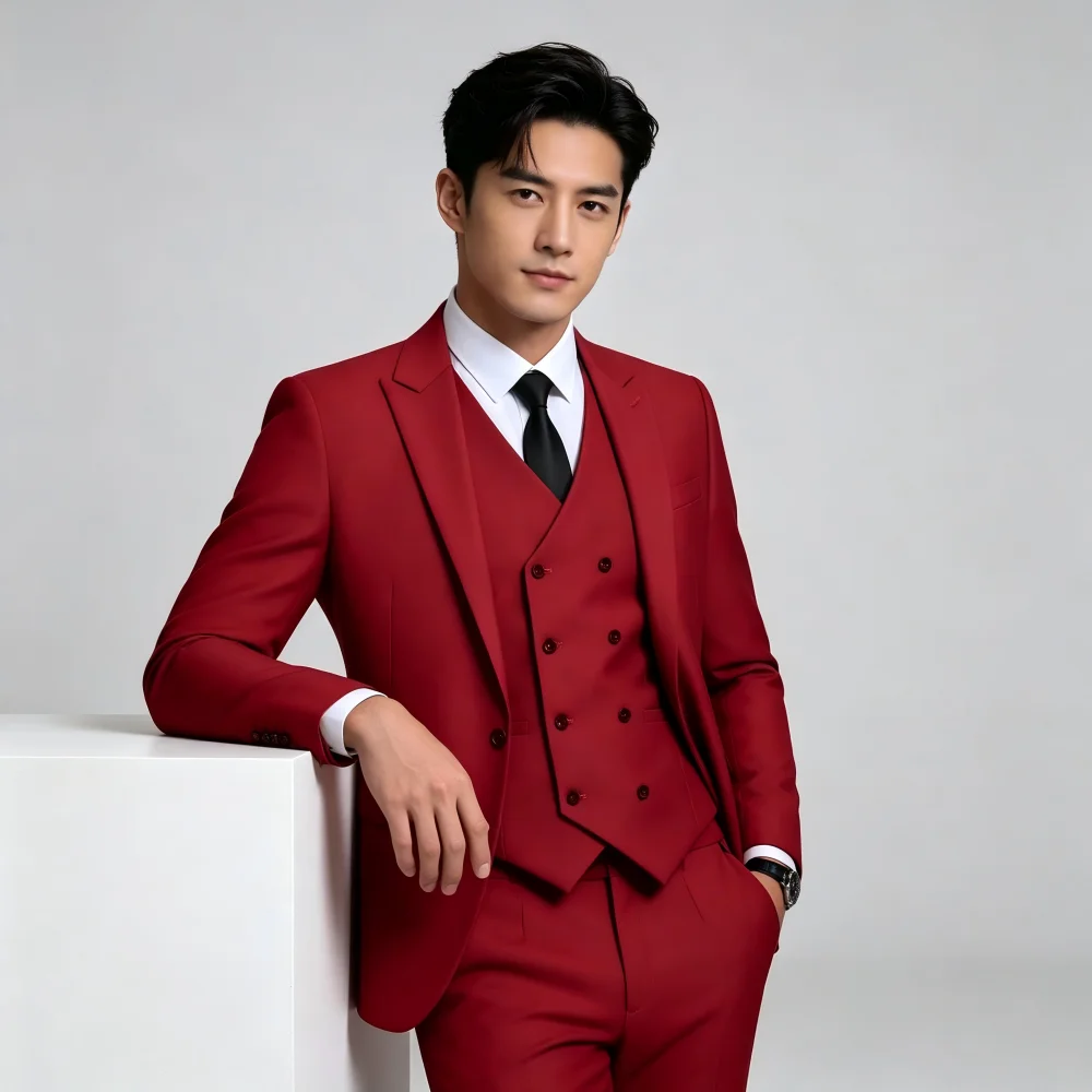 

Мужской приталенный фиолетовый смокинг-тройка: пиджак, жилет, брюки. Модный свадебный костюм для жениха и шафера.