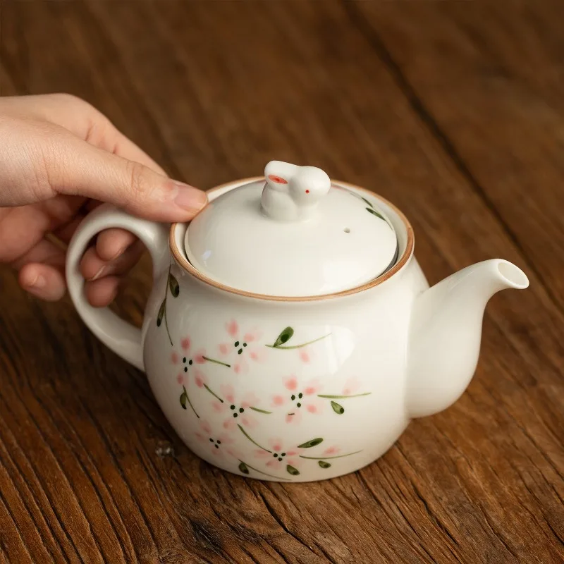 Japanese-Style Mino-yaki Hand-Painted Cherry Blossom & Rabbit Teapot with Strainer, Elegant Tea Brewing Set