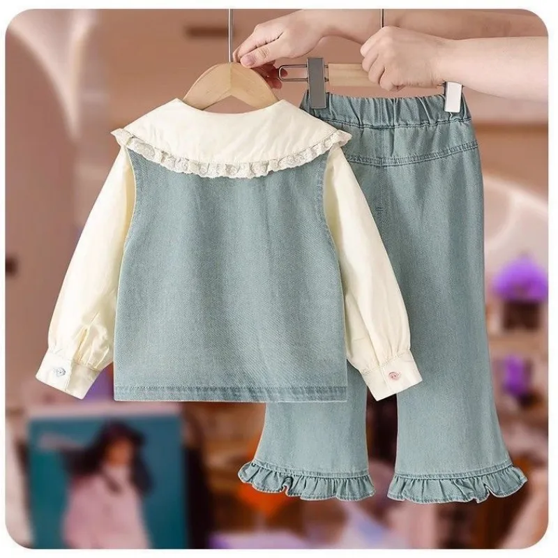 Girls Denim Vest Shirt Jeans 3 Piece Set 2026 New Spring Autumn Korean Style Kids Fashion Casual Outfit