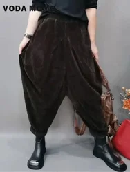 Spring Autumn New Elastic High Waist Design Striped Leisure Corduroy Literary Vintage Wide-Leg Haren Pants Bloomers Loose Women