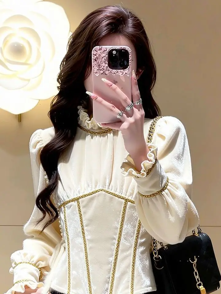 

Ele Velvet irt Women's Autumn Winter Slim Fit Long Sve Stand Collar Beautiful Waist-Cut Faionable Luxury Sle