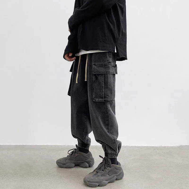 Autumn Chic Men Casual Straight Distressed Wide Leg Jeans Elastic Waist Elastic All-match Loose Washed High Street Baggy Pants