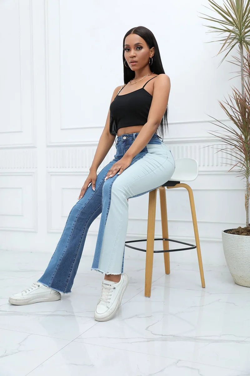 Women Casual Jeans Flare Pants Pannelled Collision Pant Fashional Tassel High Waist Fit Female High Quality 81Y19