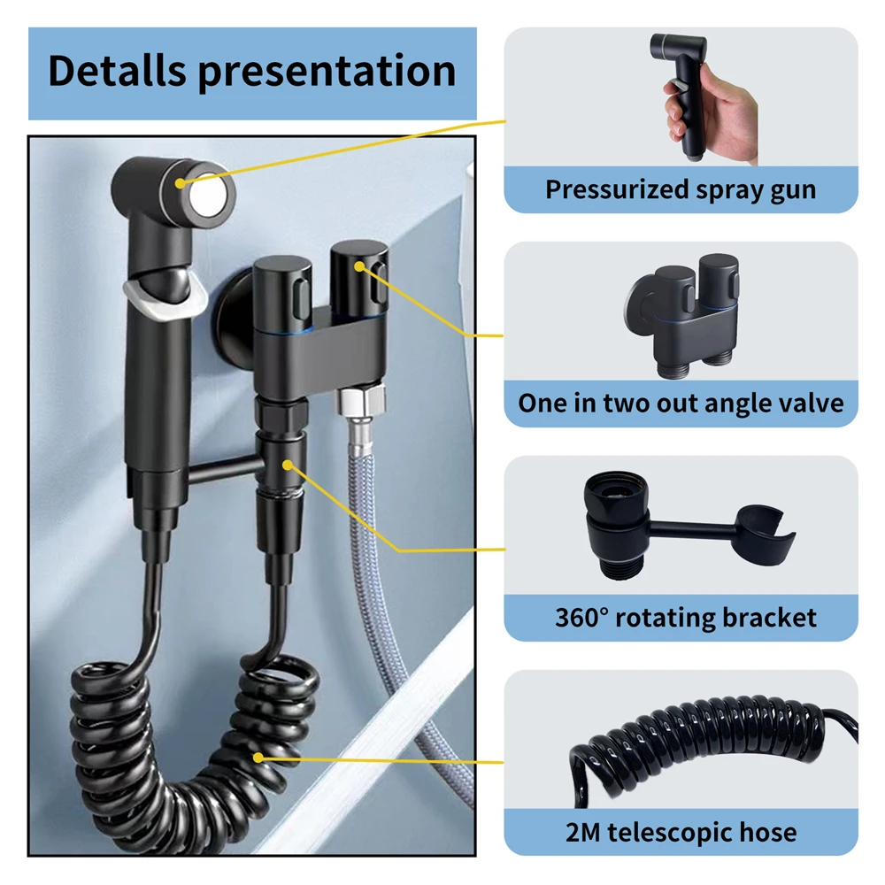 아연 합금 벽 마운트 화장실 비데 분무기 세트, 욕실 화장실 물 청소 분무기, 앵글 밸브 액세서리, 1 2 출력 