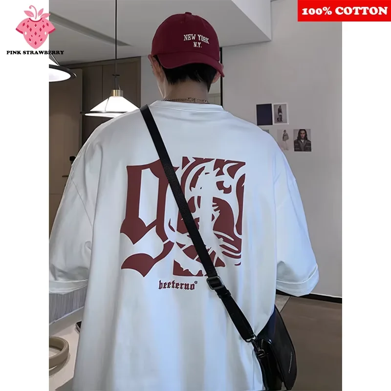 

American Street Print T-shirt Men's Summer 2025 New 100% Cotton Loose Casual Short sleeve Y2k Tops Couple T-Shirt mens clothing