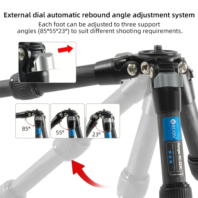 BEXIN 미니 탄소 섬유 삼각대, 휴대용 접이식 컴팩트 탁상, DSLR 카메라 헤드 익스텐션 로드, 매직 암 액세서리, RC223C
