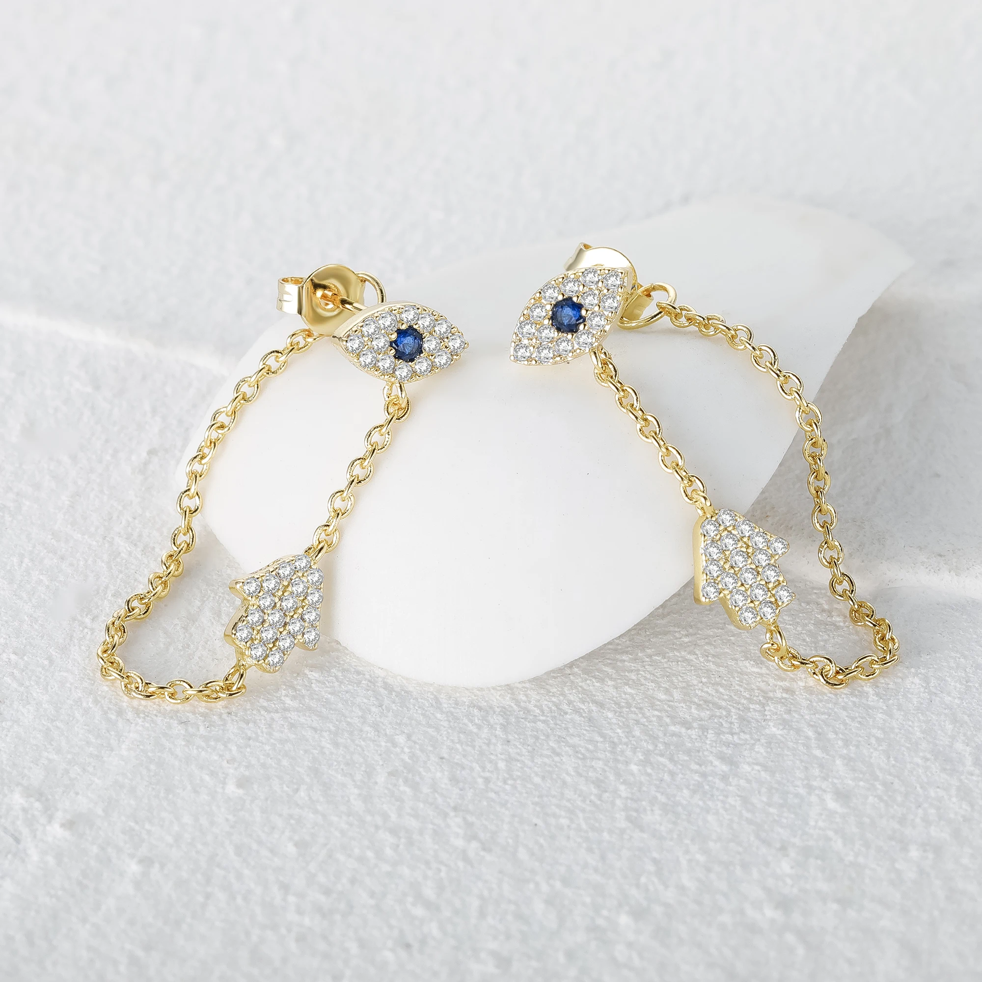 GS 18K Gold Plated Evil Eye Hamsa Hand Palm Charm Dangle Earrings For Women Zircon Pave Long Chain Tassel Earrings