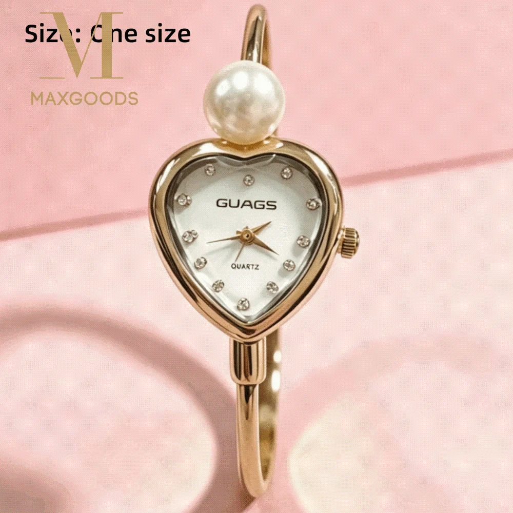 

Creative Heart-shaped Dial Pearl Watch Adjustable Open Design Bracelet Watch Elegant Luxury Wristwatch for Women