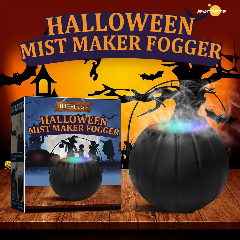 Halloween Witch Cauldron with Mist Maker Black Witch Jar Atomizer Lamp Punch Bowl Light Color Change Fogger Mist Maker Decor