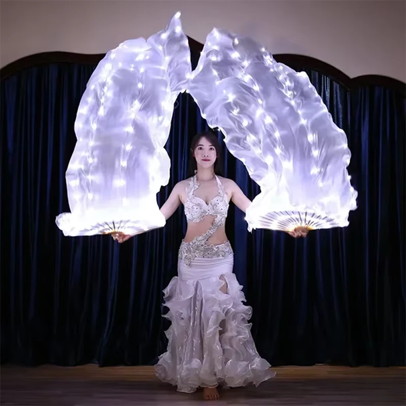 LED Belly Dance Long Silk Fan Poi Square Fitness Costume Luminous Fans for  Dancing Stage Performance Props Glow Party Supplies