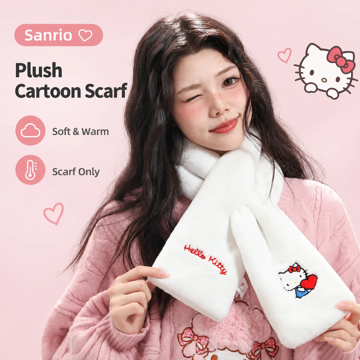Sanrio Hello Kitty Fuzzy Scarf & Gloves Set Autumn Winter Warm Cold Weather Set Daily Wear School Commute Outdoor Walking Gift