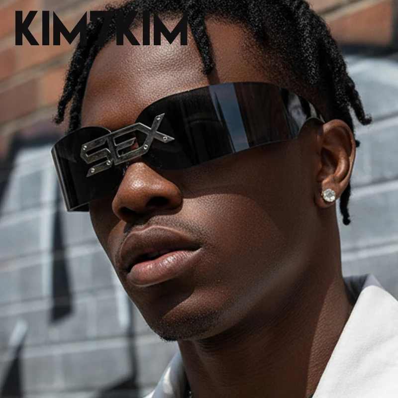 Steampunk One-Piece Sunglasses Men 2026 Luxury Brand Rimless Mask Wrap Around Shield Shades For Male Trendy Retro UV400 Eyewear