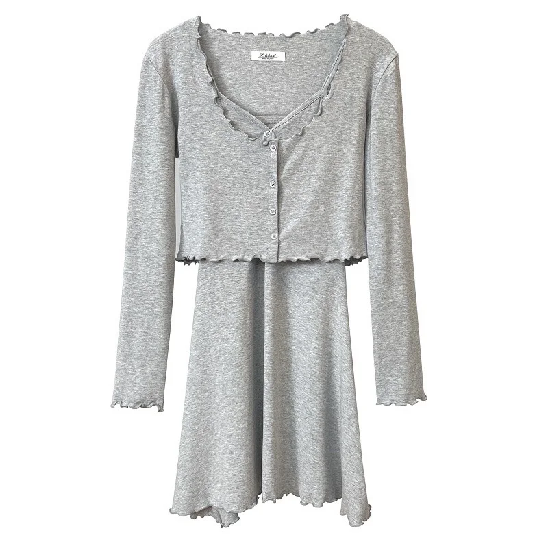 Dongda Gate New Style Women's Slimming Strap Dress Long Sleeve Sun Protection Cardigan Two-Piece Set Fashionable Cotton Blend