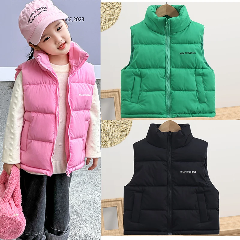 Winter Autumn Teen Girls Vest Solid Color Letter Print Thick Warm Stand Collar Jacket For 4-14 Years Boys Down Cotton Waistcoat