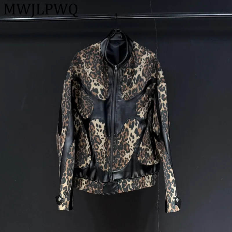 

MWJLPWQ Leopard Print Patchwork Leather Design Jacket Unisex Couple Oversized Motorcycle Style Male Coat Trendy Niche 13325