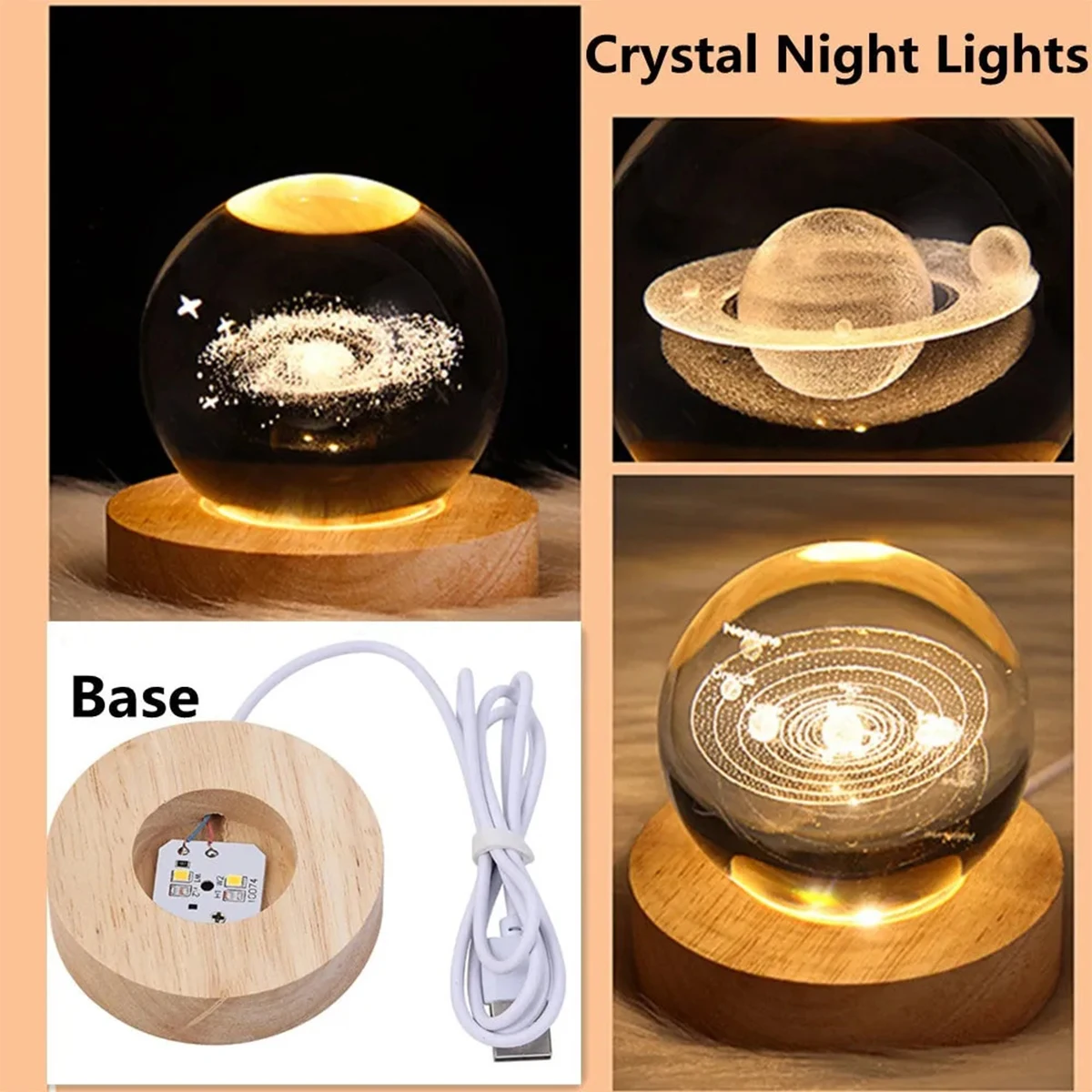 3D Crystal Ball Lamp 6CM Średnica USB Power Lampy stołowe Księżyc Ziemia Planeta Galaktyka Lampka nocna Prezenty świąteczne Wystrój sypialni w domu