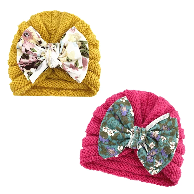 Gorro turbante tejido para bebé de invierno, gorro indio grueso y cálido para bebé, pañuelo de lana para recién nacido, pañuelo para la cabeza con lazo estampado, gorros para niños