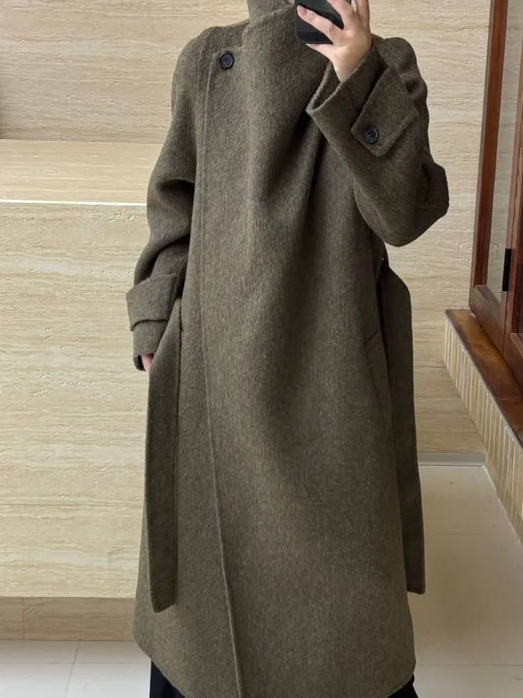 ZMEENNA manteau Long en mélange de laine pour femme avec ceinture col haut décolleté montant veste d'hiver élégante décontractée ZM3628