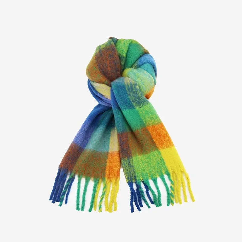 Rainbow Plaid Scarf For Women Autumn-Winter Premium Color Matching Fringe Mohair Thickened Shawl 24W027