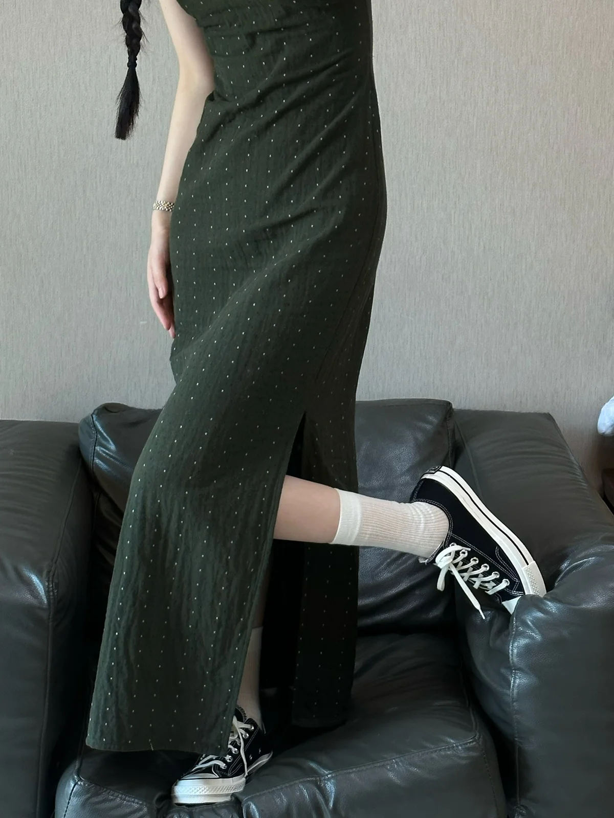 

Xu Zhi Xing Retro een Dot Double Layer Thi ort Sve Ele Artistic Slimming Long Dr Cotton Polyester