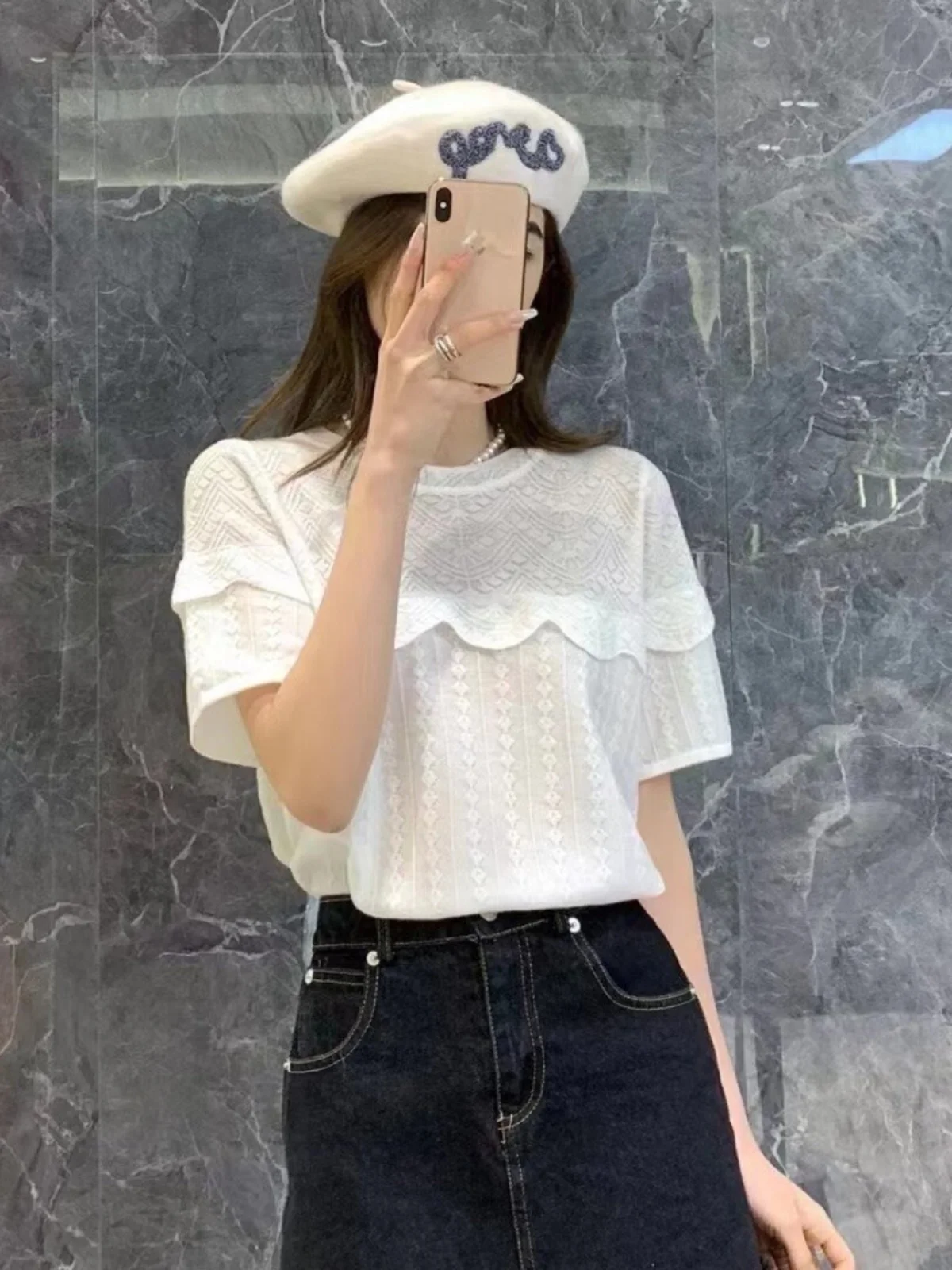 plus Size Summer Knitwear Women's Ice Silk Short Sleeve Ruffle Splicing Design Gentle Wind Flower  Knitted Top Korean Style