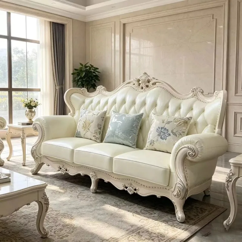 Off-white fiberglass three-seater sofa set, button tufted leather