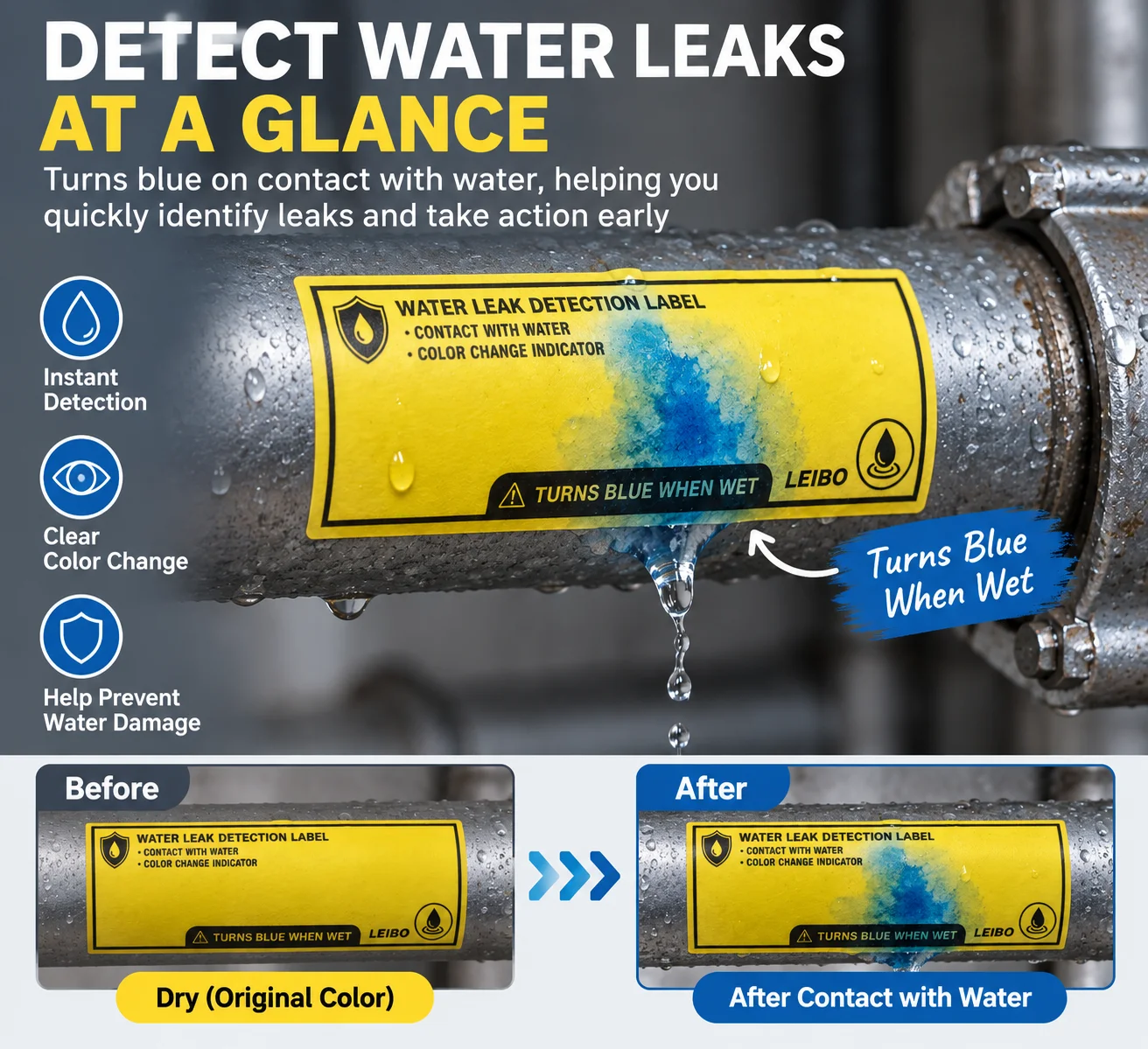 20pcs Water Leak Detection Labels 10x4cm Water Sensitive Color Change Stickers Turns Blue When Wet for Pipes Plumbing