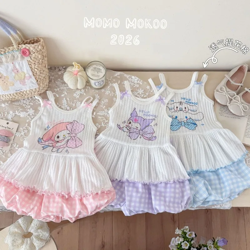 

Sanrio Two-Piece Sleeveless Suit Cinnamoroll Summer Shorts Casual Outfit with Cartoon Kuromi My Melody Bowtie Trendy Print Gift