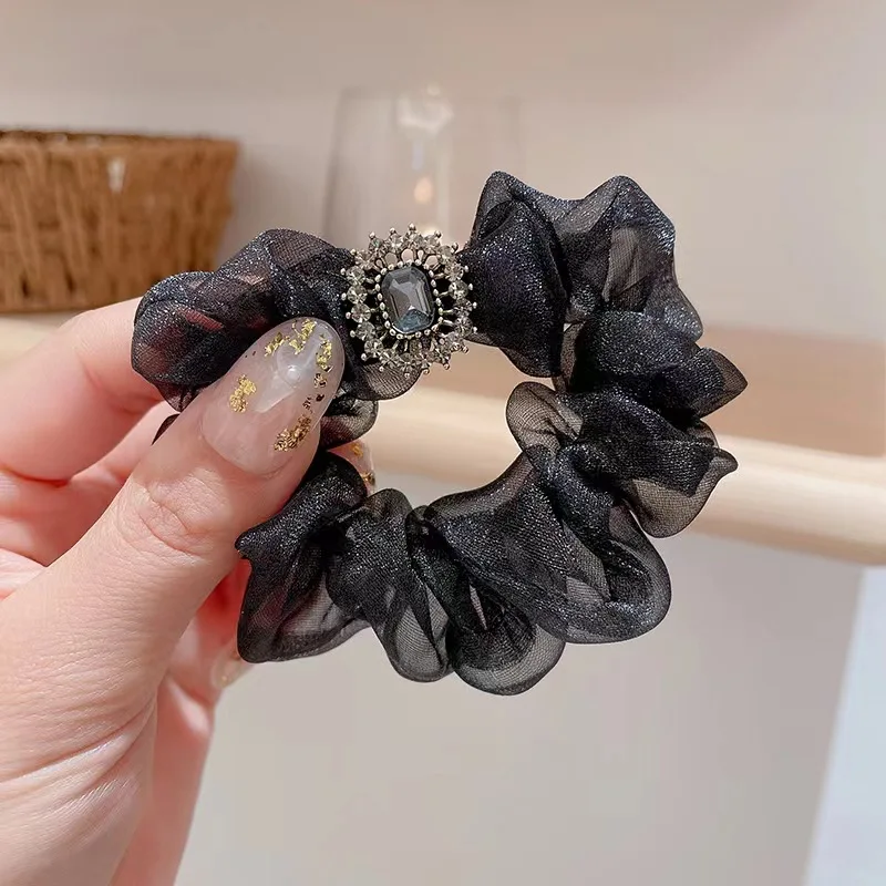 Light Luxury Pearlescent Yarn Rhinestone Large Intestine Hair Ring Korean Temperament Hair Rope Organza Quality Hair Accessories