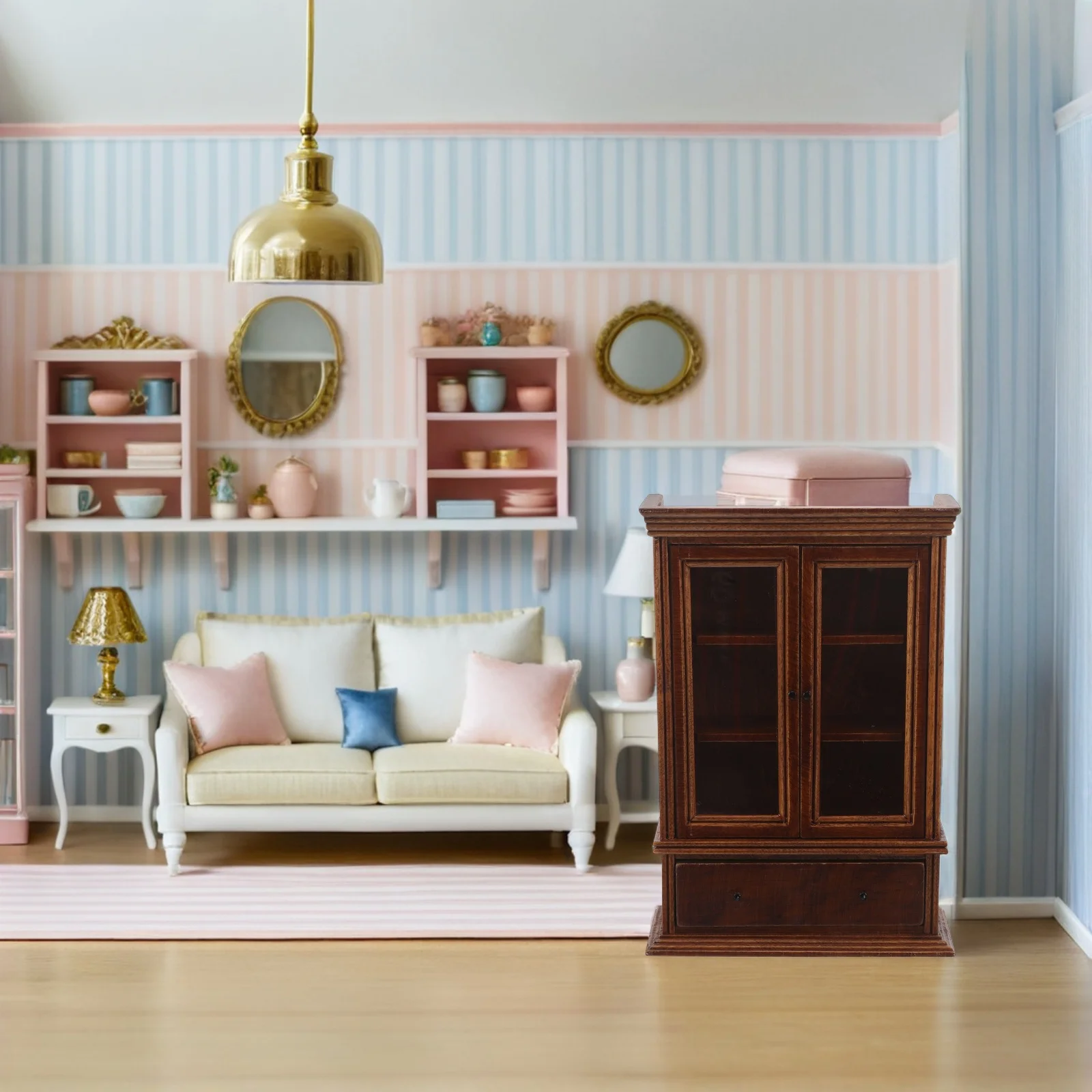 خزانة خشبية مصغرة بمقياس 1:12، لمسة نهائية من الكستناء، خزانة جانبية عتيقة، أثاث تخزين لغرفة المعيشة لإكسسوارات بيت الدمى