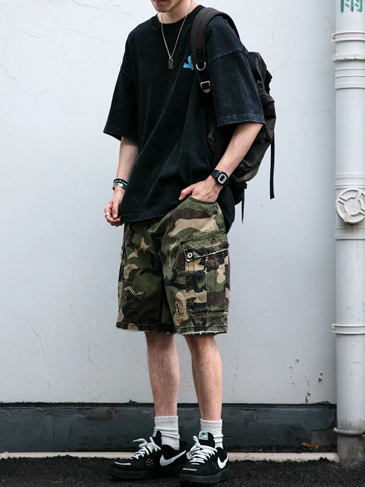 Tactical Cargo Shorts Men Heavyweight 5-Inch Multi-Pocket Camouflage Loose Fit Straight Leg Summer Washed Adjustable Patches
