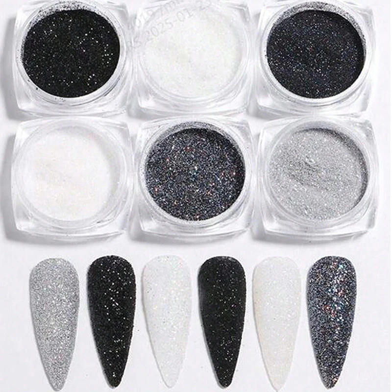 6 uds esmalte de uñas brillo arena fina brillo holográfico polvo negro blanco pigmento reflectante escamas polvo accesorios de manicura