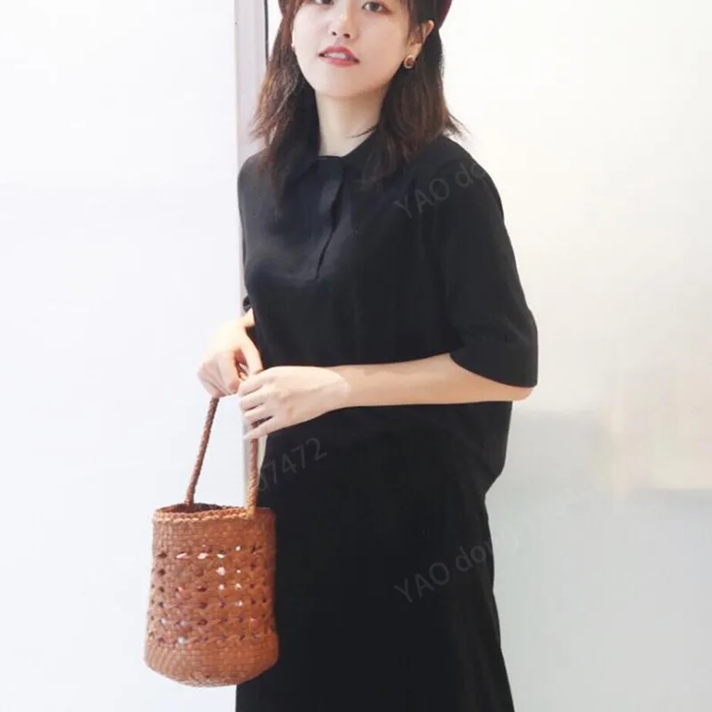 Yao Dong 100% Genuine Leather bucket bag Women's Woven Hollowed Cow Leather Bucket  Vintage Shopping Bag Cowhide Tote Bag