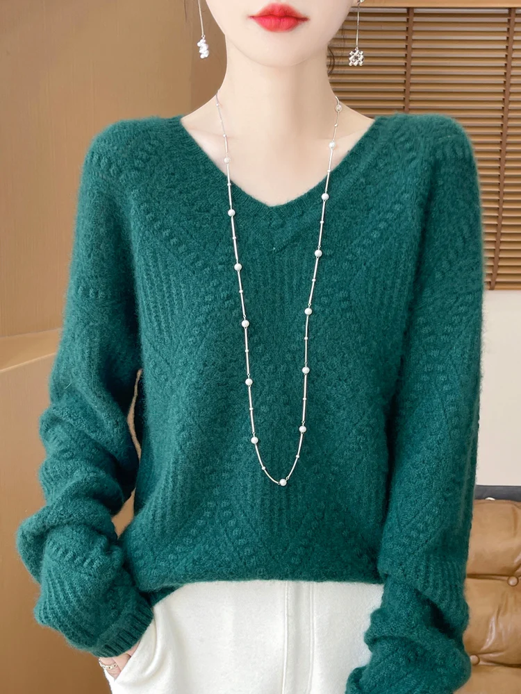 Fashion 100% Merino Wool Sweater Elegant Cashmere Pullover Women V-Neck Long Sleeve Knitwear Basic Thick Loose Jumper Tops