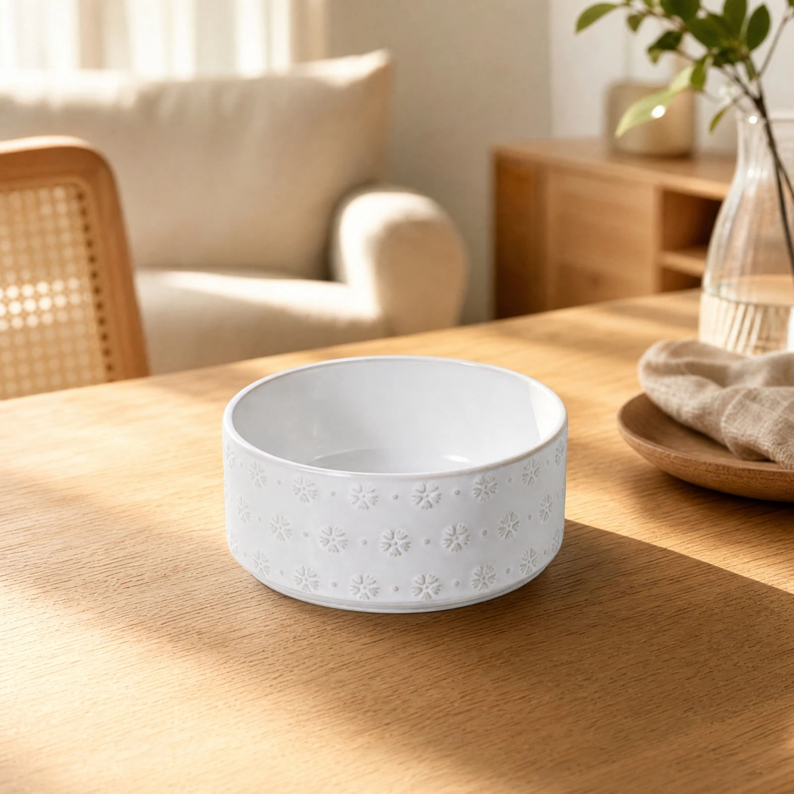 Dog Food and Water Bowl Tip-Resistant White Ceramic Pet Bowl with Snowflake Embossing Cat Food and Water Dish Weighted