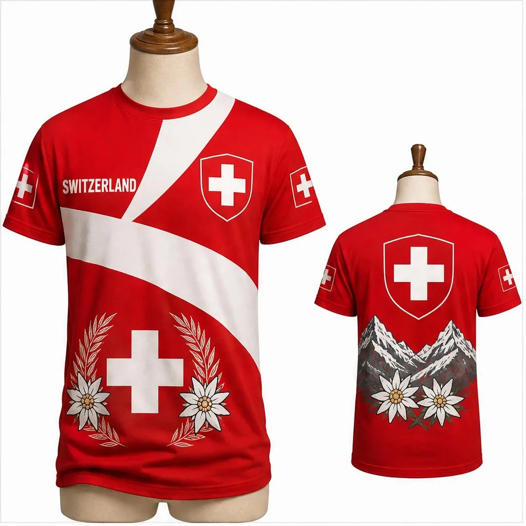 Mens Switzerland Round Neck T Shirt Red White Mountain Edelweiss Print Short Sleeve Casual Graphic Tee Daily Wear Top Easy Style