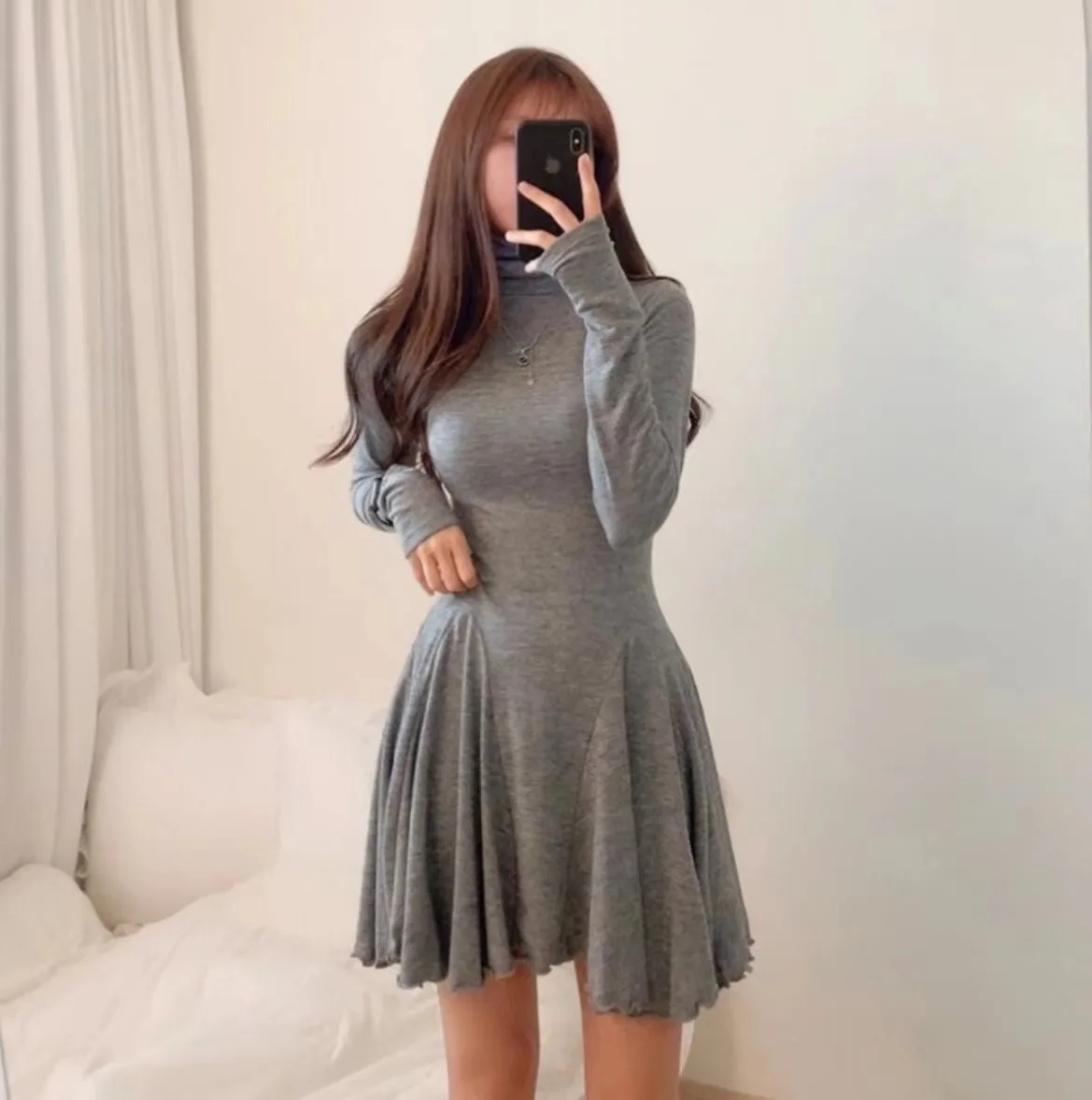 2024 Spring Office Lady Dress Elegant Japanese Style Long Sleeve Turtleneck Girl Basic Dress Slim Solid Color Female Party Dress